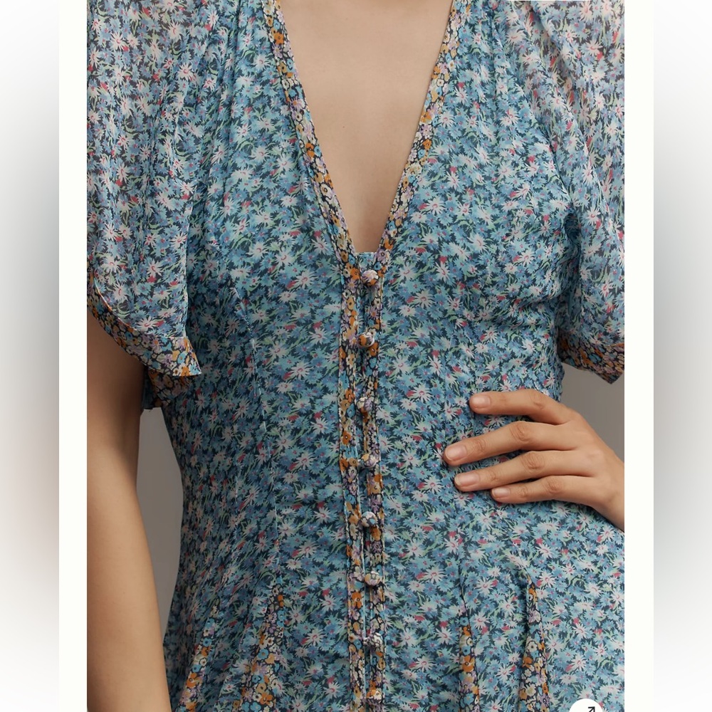 Anthropologie Maeve Floral Blue V-Neck Button-Front Maxi Dress - Picture 3 of 4